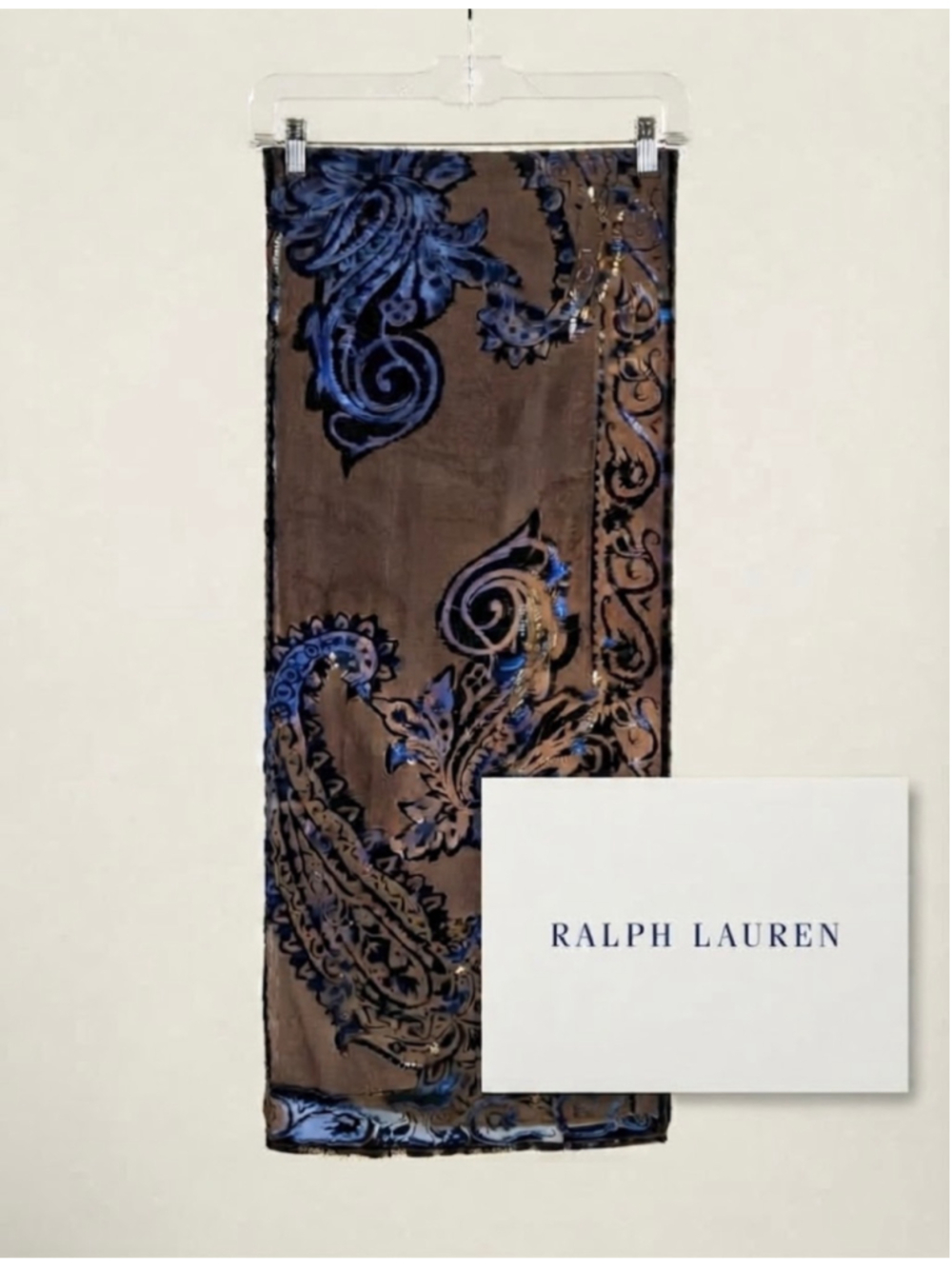 Ralph Lauren Burnout Paisley Silk Blend Scarf Iridescent Blue Beige Brown